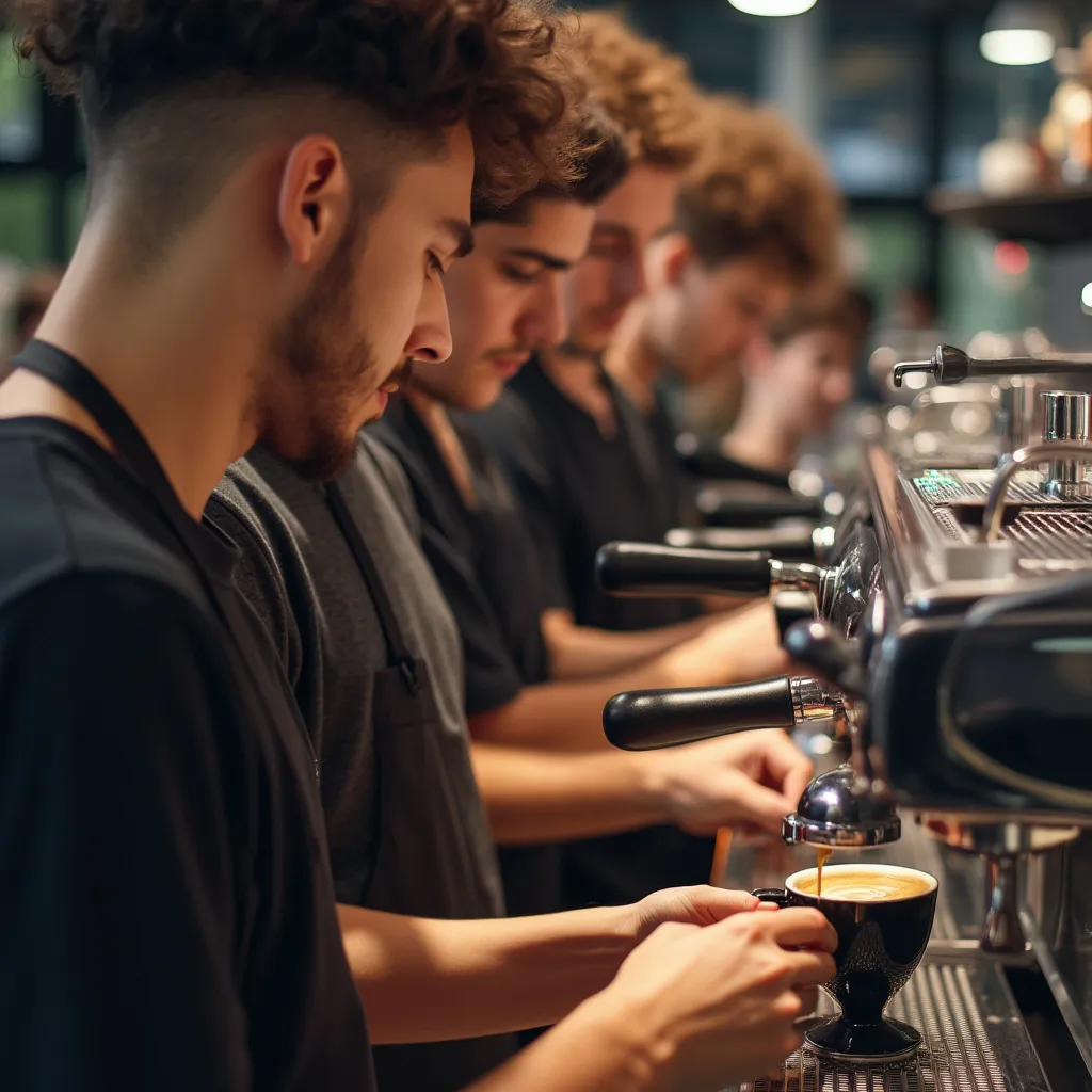 Studenti na workshopu aktivně trénují přípravu espressa