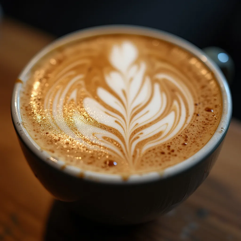 Detail krásného latte art na šálku kávy vytvořeného na kurzu