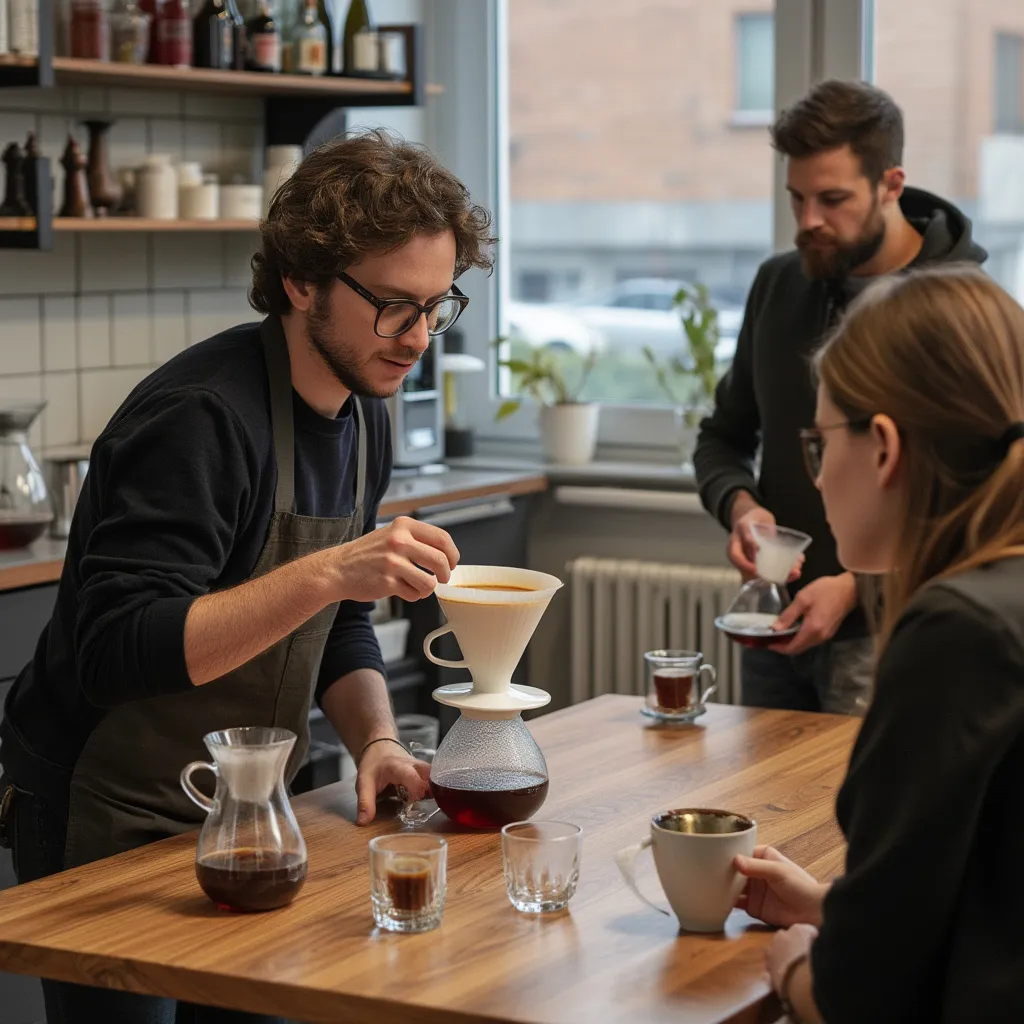 Barista demonstruje přípravu kávy alternativní metodou V60